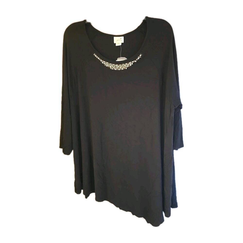 NOS Jaclyn Smith Black Rhinestone Asymmetric Hem Long Sleeve Top Womans Size 2XL